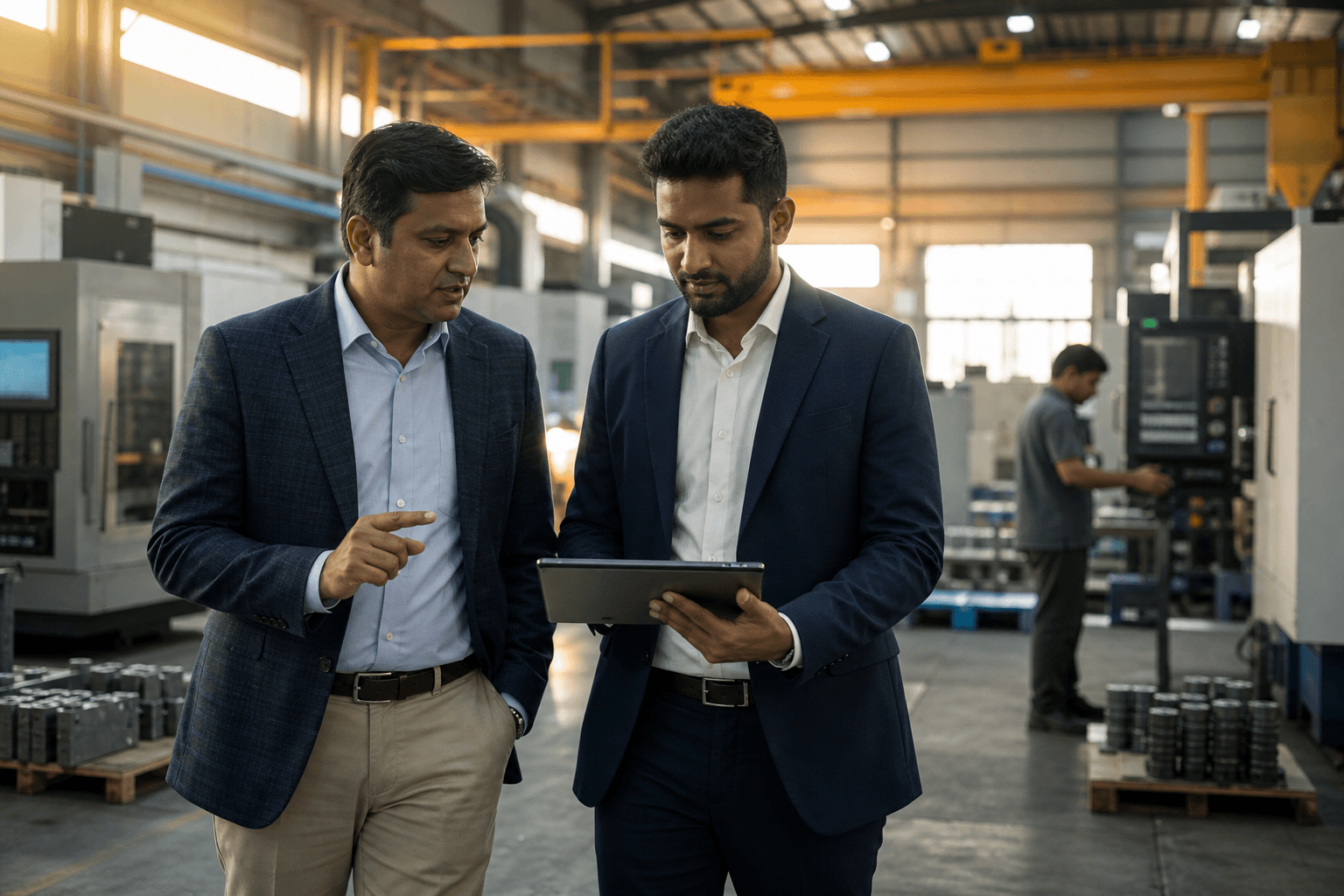 Business advisors discussing growth plans on a manufacturing facility floor