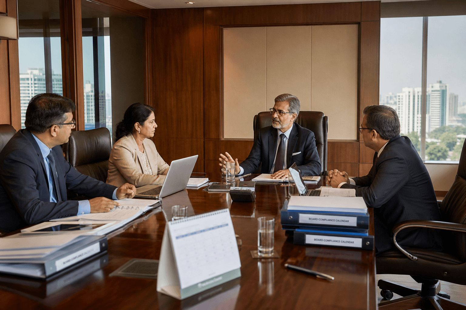 Senior leadership team in a boardroom governance and compliance review