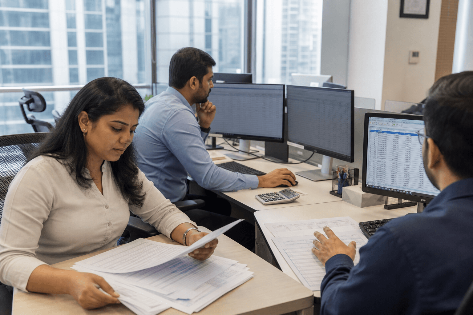 HR and finance professionals reviewing payroll reports at an office